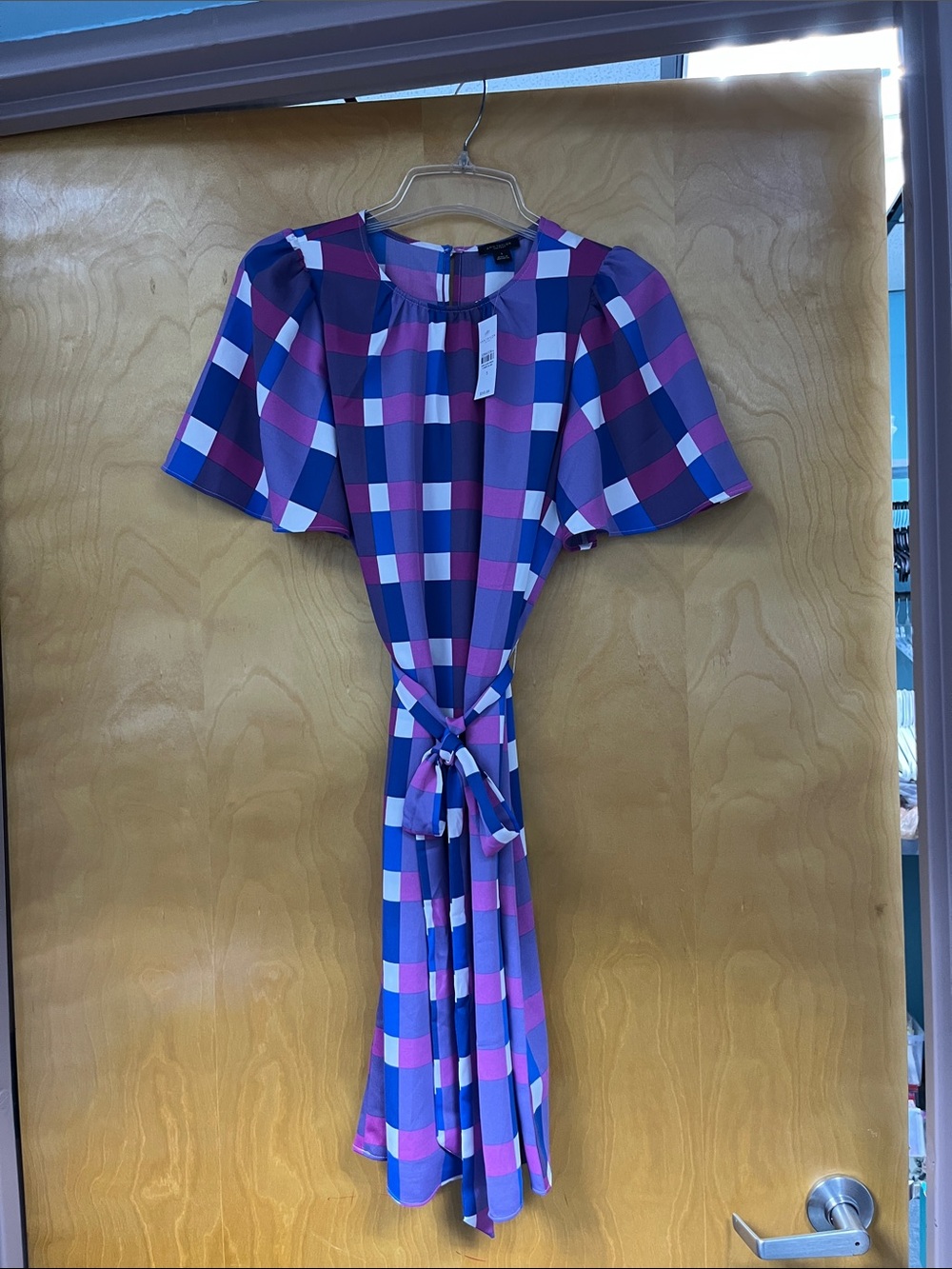 Ann Taylor Blue. Purple and Fuchsia Plaid Midi Dress with Tie Belt